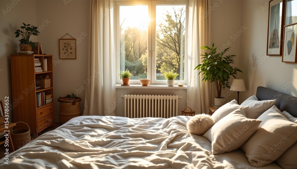 Obraz premium a tidy bedroom with sunlight streaming through a window to illuminate the room. the room features a large bed at the center with white linens and two pillows