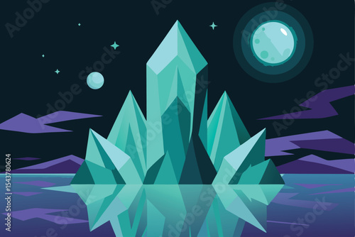 A stylized illustration showcasing a large, crystalline structure reflected in water under a night sky.