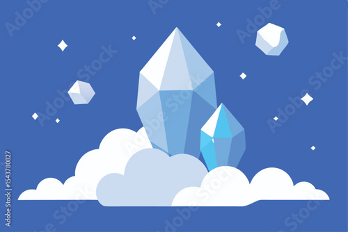 Abstract illustration of crystalline structures floating amidst clouds and stars in a blue sky.