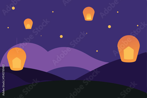 Animated illustration of floating lanterns ascending into a starry night sky over layered hills.