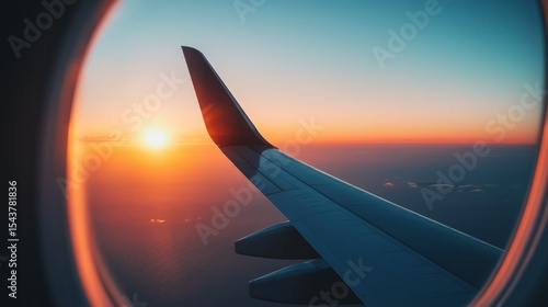 Fototapeta Naklejka Na Ścianę i Meble -  Airplane window view of sunset