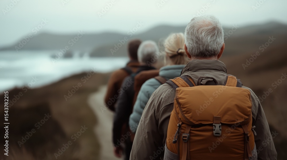 Fototapeta premium A group of hikers walking closely together along a coastal path, enjoying nature's beauty and sharing the experience of adventure in a scenic environment.