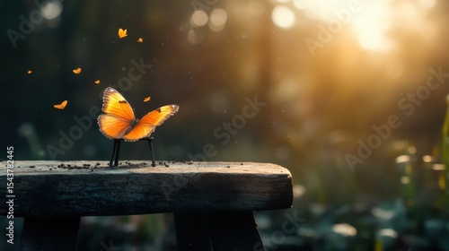 A captivating image of an orange-winged butterfly perched on a rustic wooden stool, symbolizing transformation and the beauty of nature in the warm light of dawn.