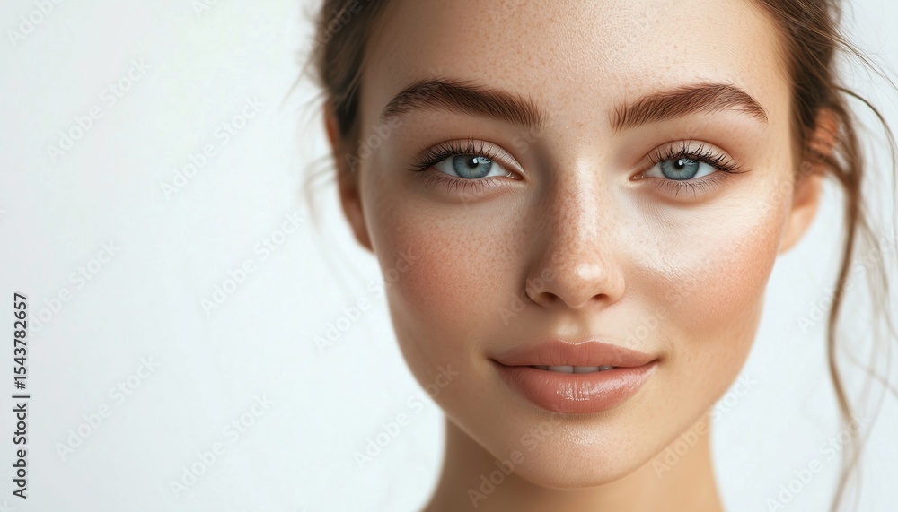 Obraz premium Youthful Beauty: Close-Up Portrait Of A Young Woman With Flawless Skin On A White Background, Radiant Smile And Pure Skin Care Routine.