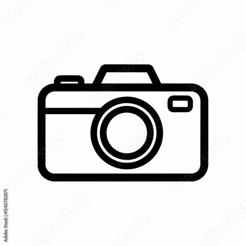 This high-quality vector graphic features a thick black outline minimalist camera icon with a rectangular body, viewfinder, and a large circular lens, all with fine details.