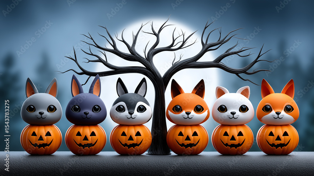 Obraz premium Cute Halloween Animals on Pumpkin Jack o Lanterns with Spooky Tree and Moon Background