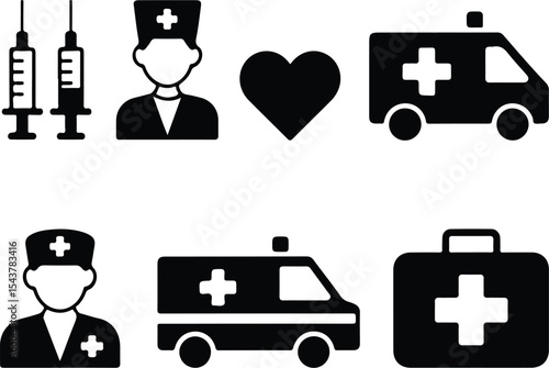 Medical Icons Ambulance, Nurse, Syringe, and Healthcare Symbols