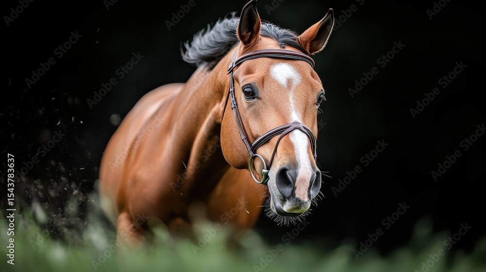 Obraz premium A beautiful horse galloping gracefully through a lush green field, embodying strength and freedom, with an expressive and powerful presence that captures the spirit of nature.