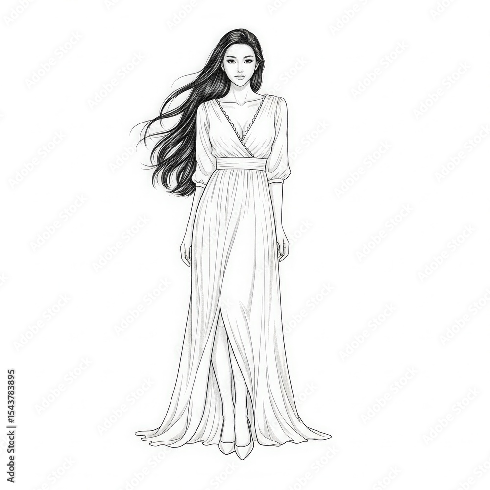 Fototapeta premium Beautiful Young Woman Pencil Sketch – Realistic Female Portrait Line Art
