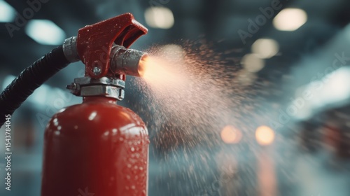 A close-up view of a bright red fire extinguisher spraying water mist, highlighting its essential role in fire safety and the importance of preparedness in emergency situations.