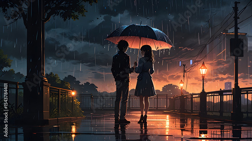 Romantic Anime Couple Under Umbrella Rain Night