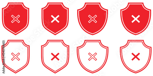 Shield icons set. Rejected shield with cross icon.  Shield with cross. Shield cross, rejected, no Symbol. crosses marks icon. 