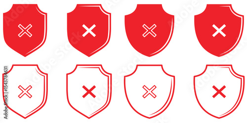 Shield icons set. Rejected shield with cross icon.  Shield with cross. Shield cross, rejected, no Symbol. crosses marks icon. 