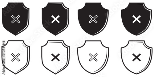 Shield icons set. Rejected shield with cross icon.  Shield with cross. Shield cross, rejected, no Symbol. crosses marks icon. 