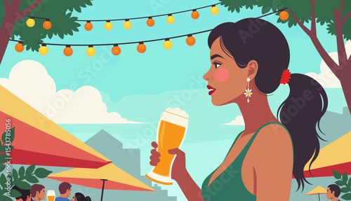Young woman enjoying craft beer at outdoor beer festival with lights. Concept of Leisure and Travel  