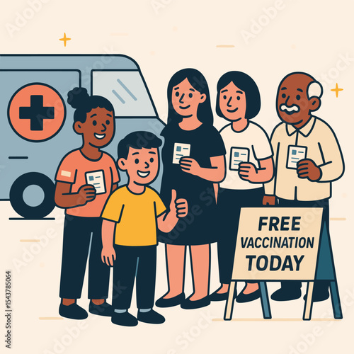 Flat Style vector Illustration of People Queued Up at a Mobile Vaccination Clinic with Vaccine Cards