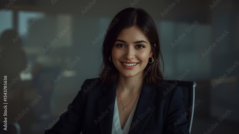 Smiling Female Office Worker at Desk – Confident Professional Businesswoman in Modern Workplace Smiling Female Office Worker at Desk – Confident Professional Businesswoman in Modern Workplace