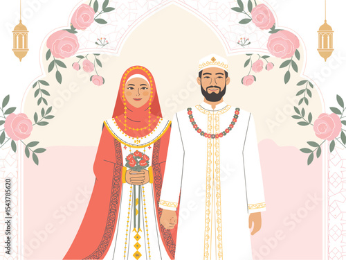 Muslim Wedding Couple A Flat Vector Illustration