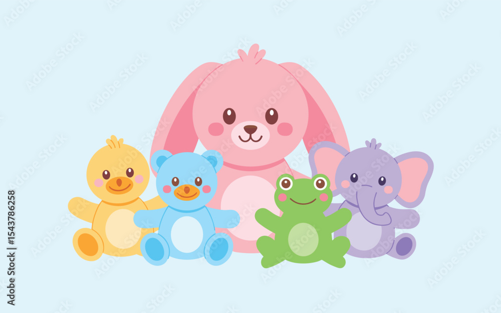 Naklejka premium Adorable Stuffed Animals Bunny, Duck, Bear, Frog, Elephant Illustration