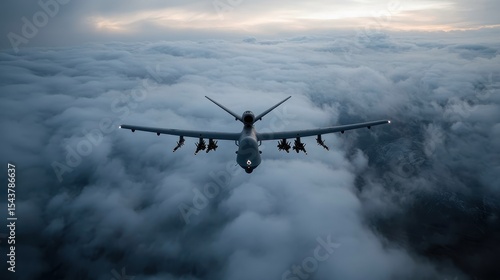 A military drone glides over thick clouds at dusk, symbolizing high-tech surveillance capabilities and the contrast of nature with modern warfare technology.