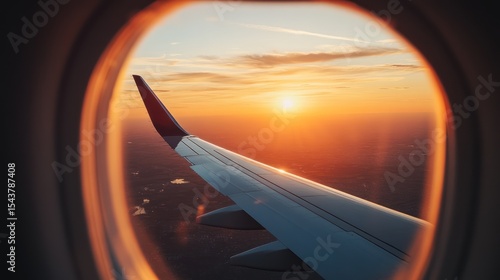 Airplane window view of sunset over land