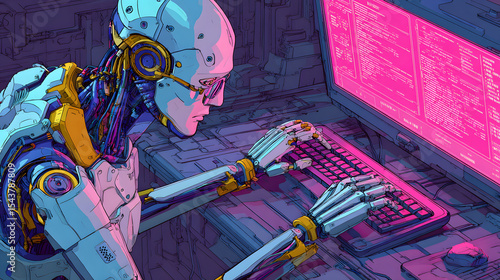 Advanced humanoid AI robot typing on a holographic computer