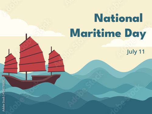 National Maritime Day vector with Zheng He on a treasure ship. Celebrates the legacy of China’s greatest explorer and naval expeditions