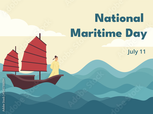 Minimal flat vector of Zheng He standing on a treasure ship with red sails. A tribute to the great Chinese explorer and maritime history