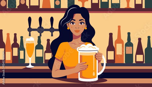 Woman holding a large beer mug while standing at a bar counter  