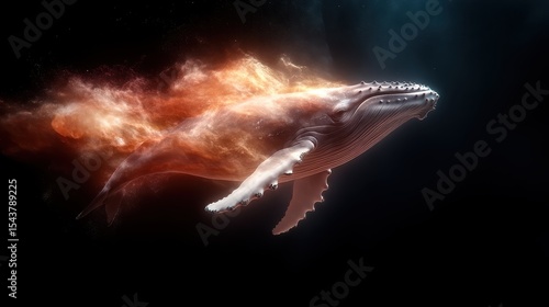 A stunning visualization of a majestic whale swimming gracefully through a cosmic backdrop of vibrant colors and ethereal elements, symbolizing wonder and exploration.