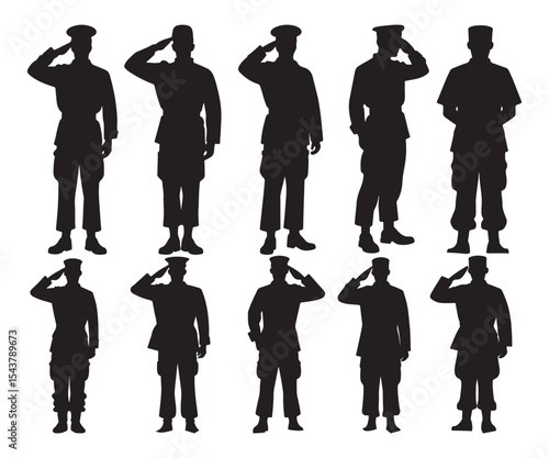 Police and Soldier Silhouette Saluting in Uniform. Military & Law Enforcement Vector.