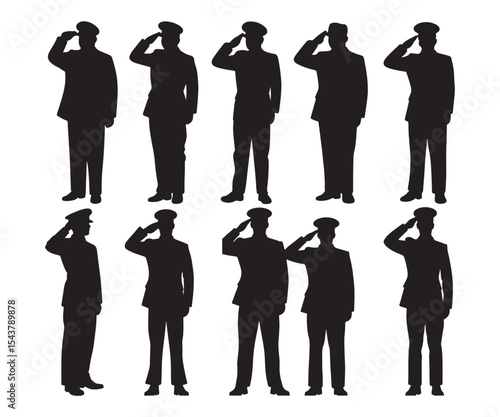 Police and Soldier Silhouette Saluting in Uniform. Military & Law Enforcement Vector.