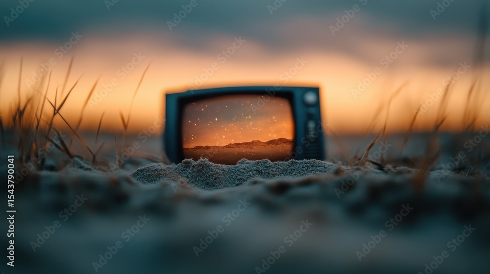 Fototapeta premium This captivating image features an old-fashioned television set resting on the sandy ground, displaying a stunning sunset landscape, symbolizing nostalgia and imagination.