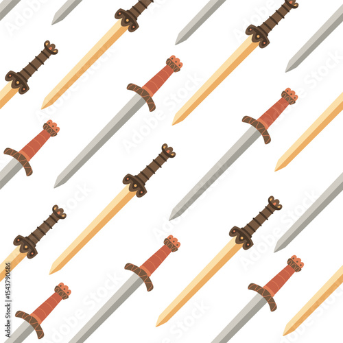 Diagonal seamless pattern with gladius style sword. Hand drawn flat style illustration for textile, wrapping paper, projects in a historical or fantasy theme