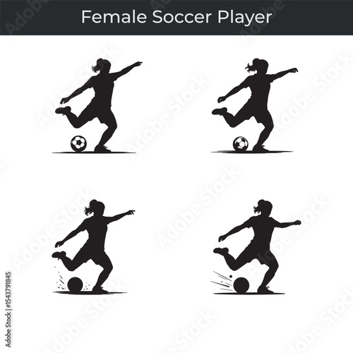 Dynamic silhouette collection of a female soccer player kicking the ball on a white background
