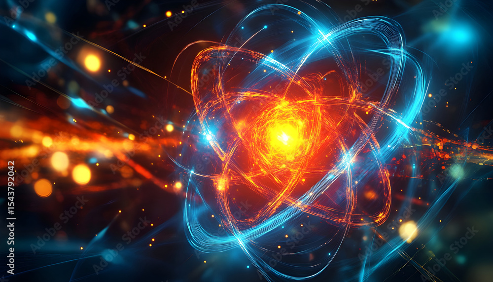 vibrant representation of atomic structure with energy patterns, symbolizing innovation and scientific exploration vibrant representation of atomic structure with energy patterns, symbolizing innovation and scientific exploration