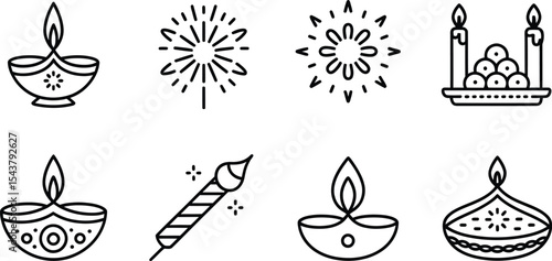 Line art illustration of diwali elements including diyas and fireworks designs