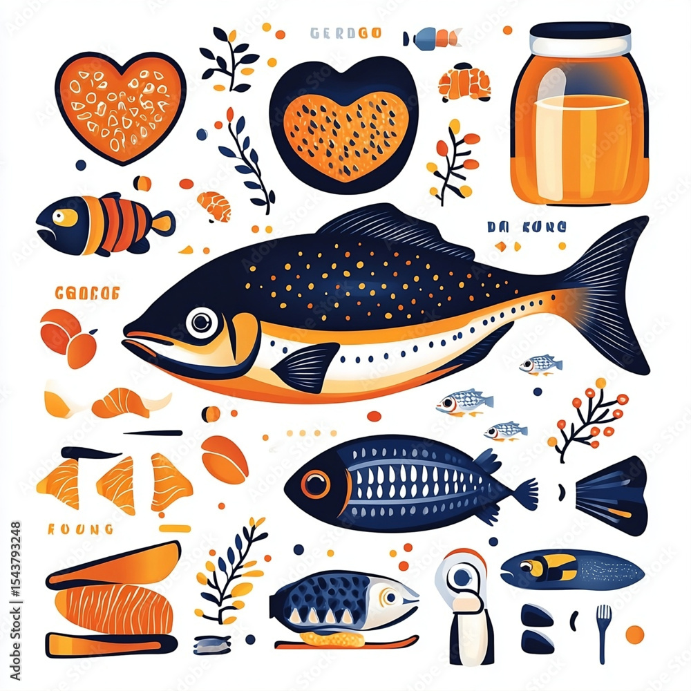 Naklejka premium Colorful fish and seafood healthy food concept flat vector nutrition design. Vector illustration