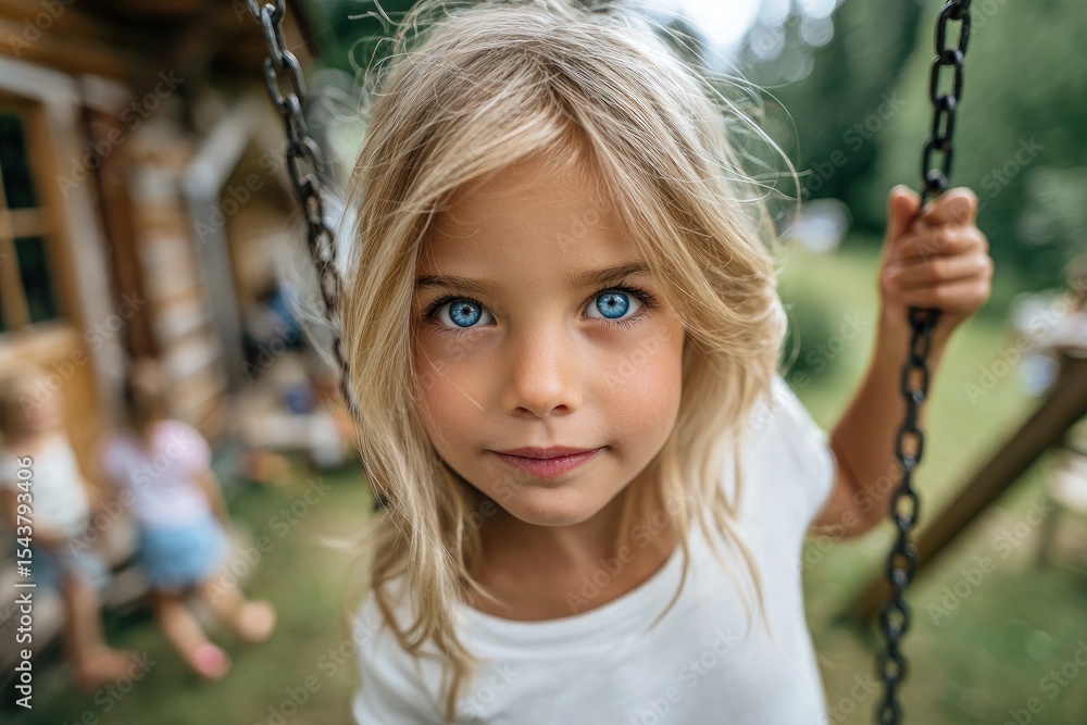 A little girl with blonde hair and blue eyes is sitting on the swing in her garden, holding onto one of its chains as she looks at the camera A little girl with blonde hair and blue eyes is sitting on the swing in her garden, holding onto one of its chains as she looks at the camera