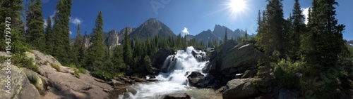 Stunning 360 degree hdr panoramic waterfall view in nature landscape