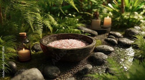 A wooden bowl filled with pink Himalayan salt sits amidst a serene, lush garden setting with candles, stones, and a gentle stream