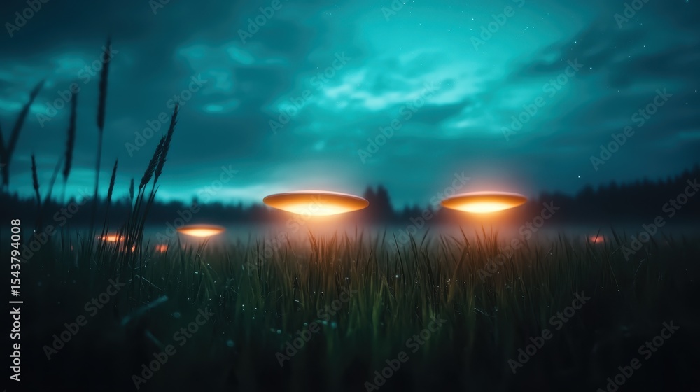 Obraz premium Mysterious flying saucers hover above a foggy field under a night sky, creating a surreal and captivating scene that invokes wonder about extraterrestrial life and the unknown.