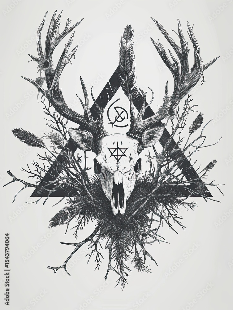 Obraz premium Horror illustration depicting a skull with horns and symbols.