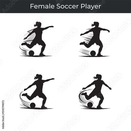 Silhouetted actions depicting a dynamic female soccer player kicking the ball on white background