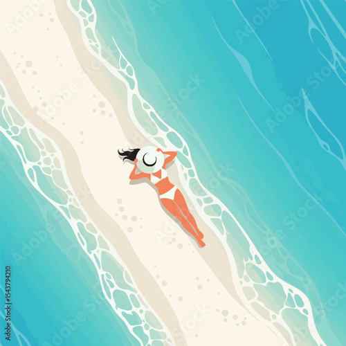 Relaxed woman sunbathing on tropical beach by sea in summer flat art. Vector illustration