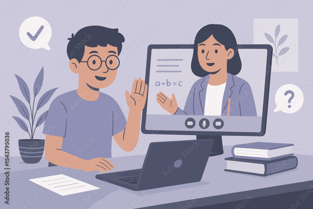 Flat vector Illustration of a Boy Student Interacting with Female Teacher in Online Math Class from Home Flat vector Illustration of a Boy Student Interacting with Female Teacher in Online Math Class from Home