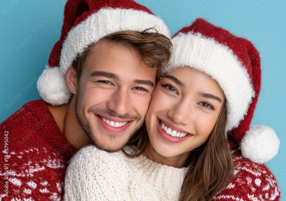 Happy couple wearing Santa hats, hugging and looking at the camera against a blue background Happy couple wearing Santa hats, hugging and looking at the camera against a blue background