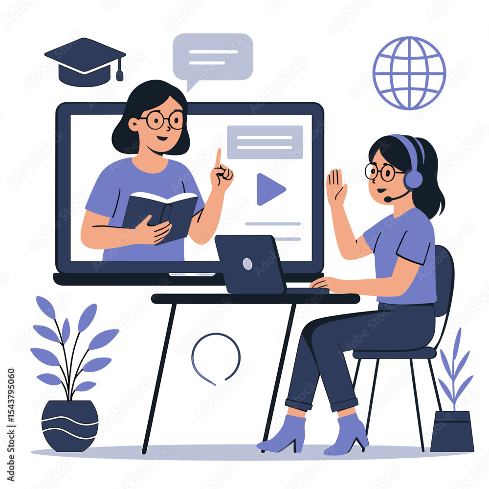 Flat Style vector Illustration of a Girl Attending Online Class on Laptop in a Cozy Home Classroom Flat Style vector Illustration of a Girl Attending Online Class on Laptop in a Cozy Home Classroom