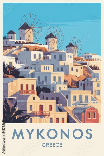 Mykonos Greece Vintage Travel Poster with Whitewashed Houses and Windmills