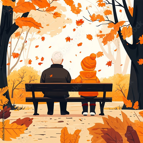 Elderly man and child sitting on park bench in autumn leaves . Vector illustration